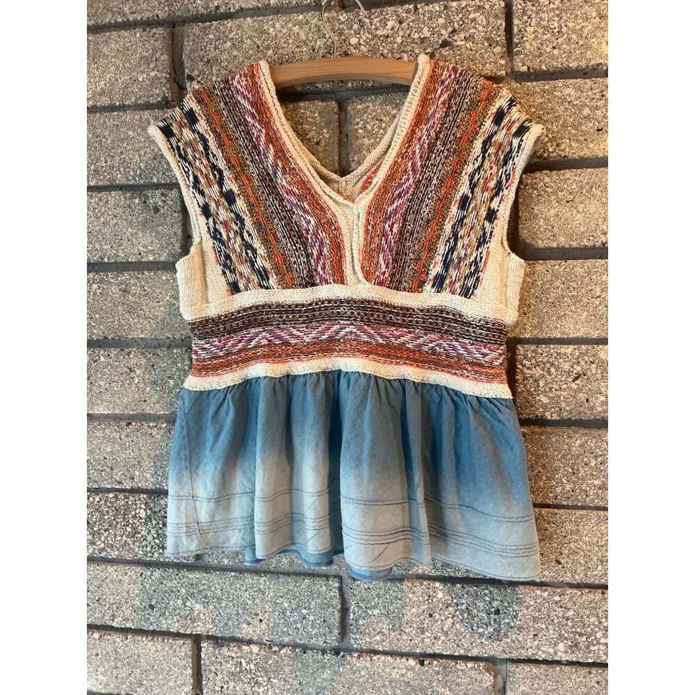 Pilcro XS Hand-Knit Multi-Color Top With Blue Ombre Hem